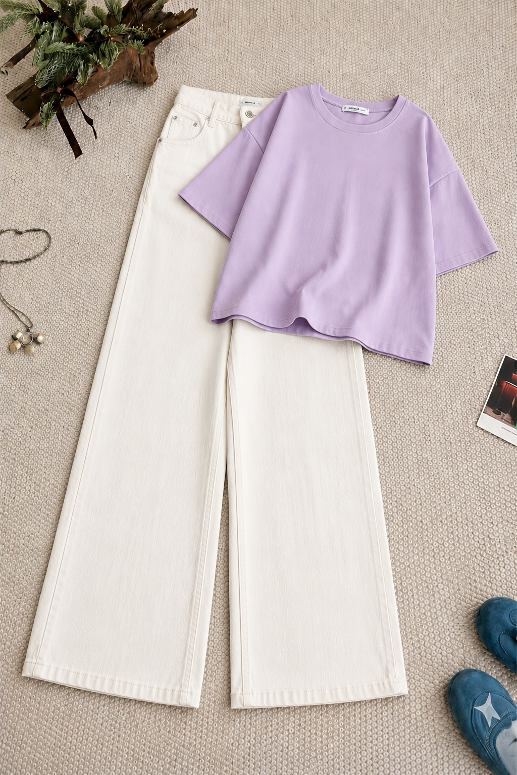 Lavender Oversized Tee With White Wide Leg Jeans
