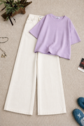 Lavender Oversized Tee With White Wide Leg Jeans