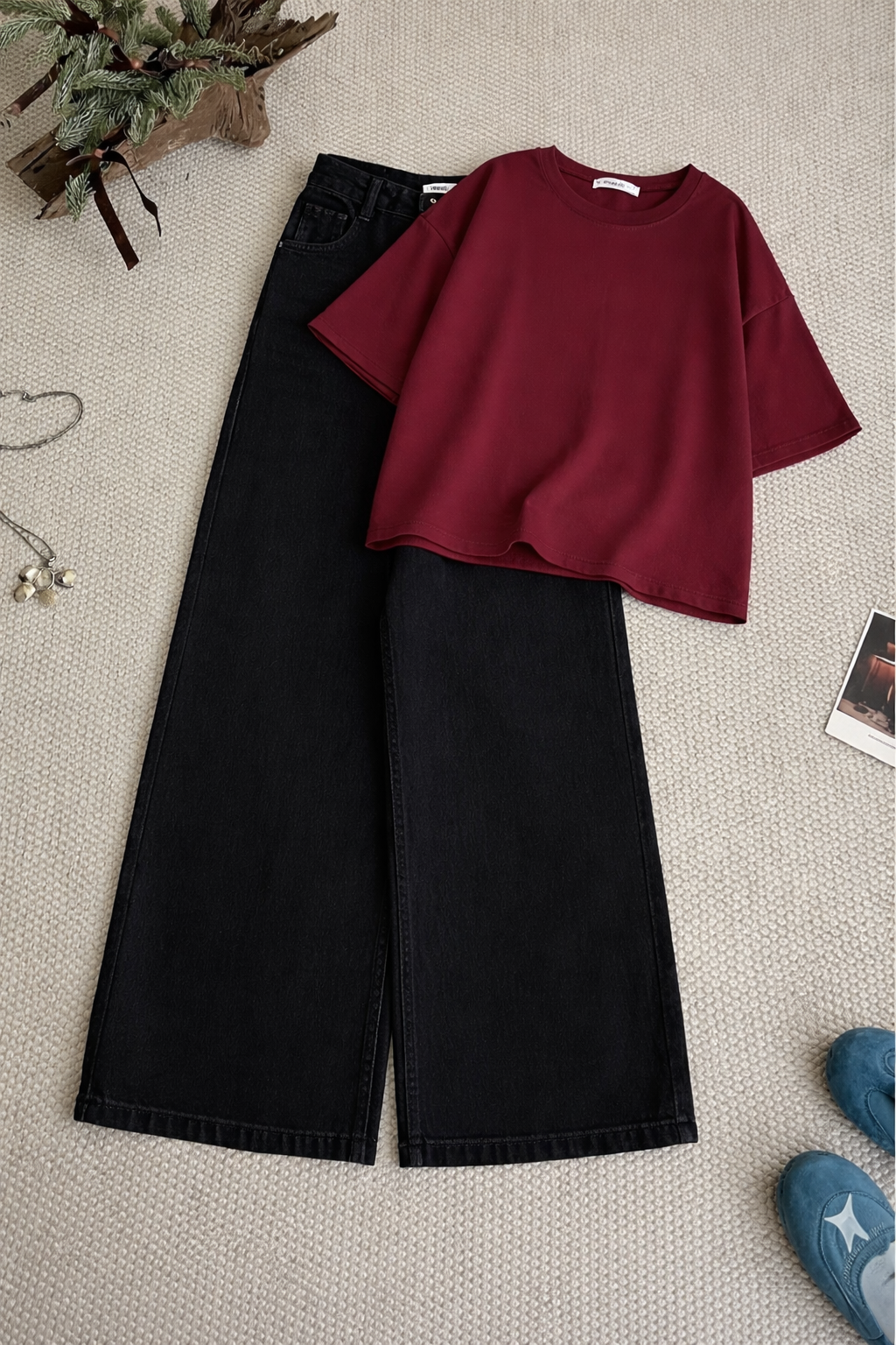 Burgundy Oversized Tee With Black Wide Leg Jeans
