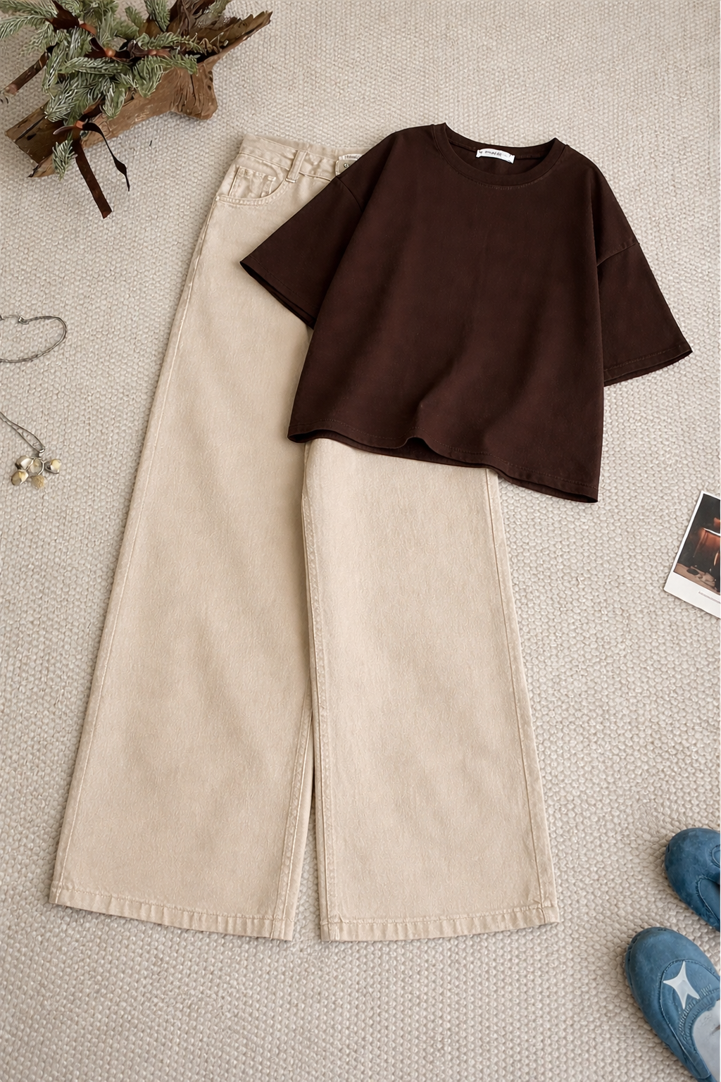 Dark Brown Oversized Tee With Cream Wide Leg Jeans