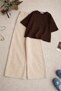 Dark Brown Oversized Tee With Cream Wide Leg Jeans