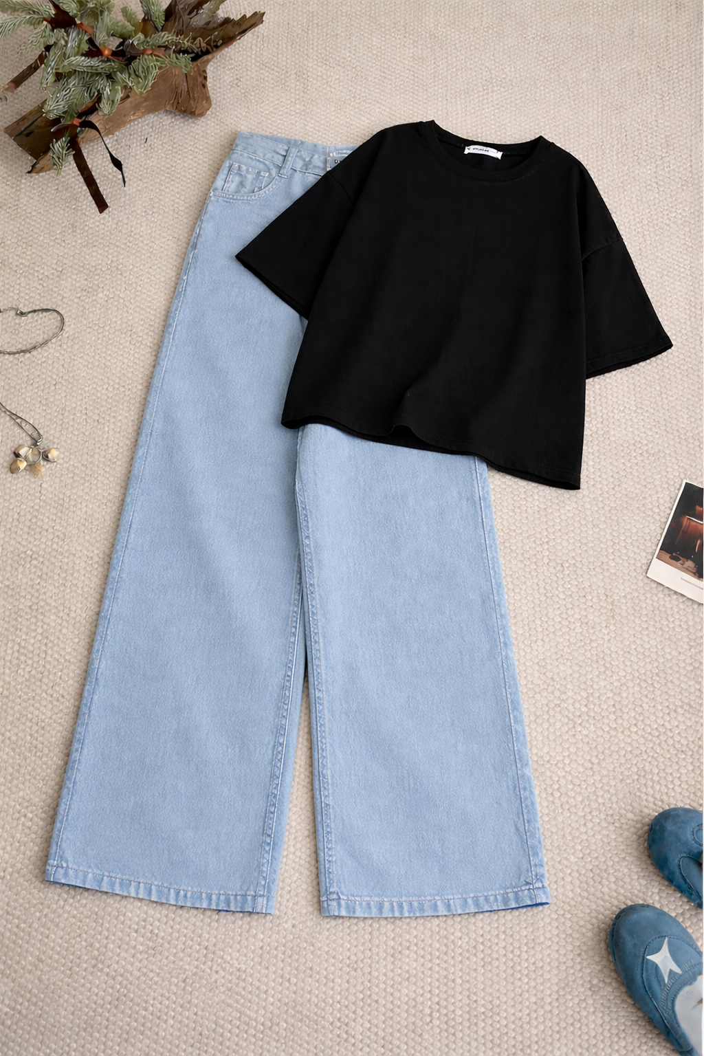 Black Oversized Tee With Sky Blue Wide Leg Jeans