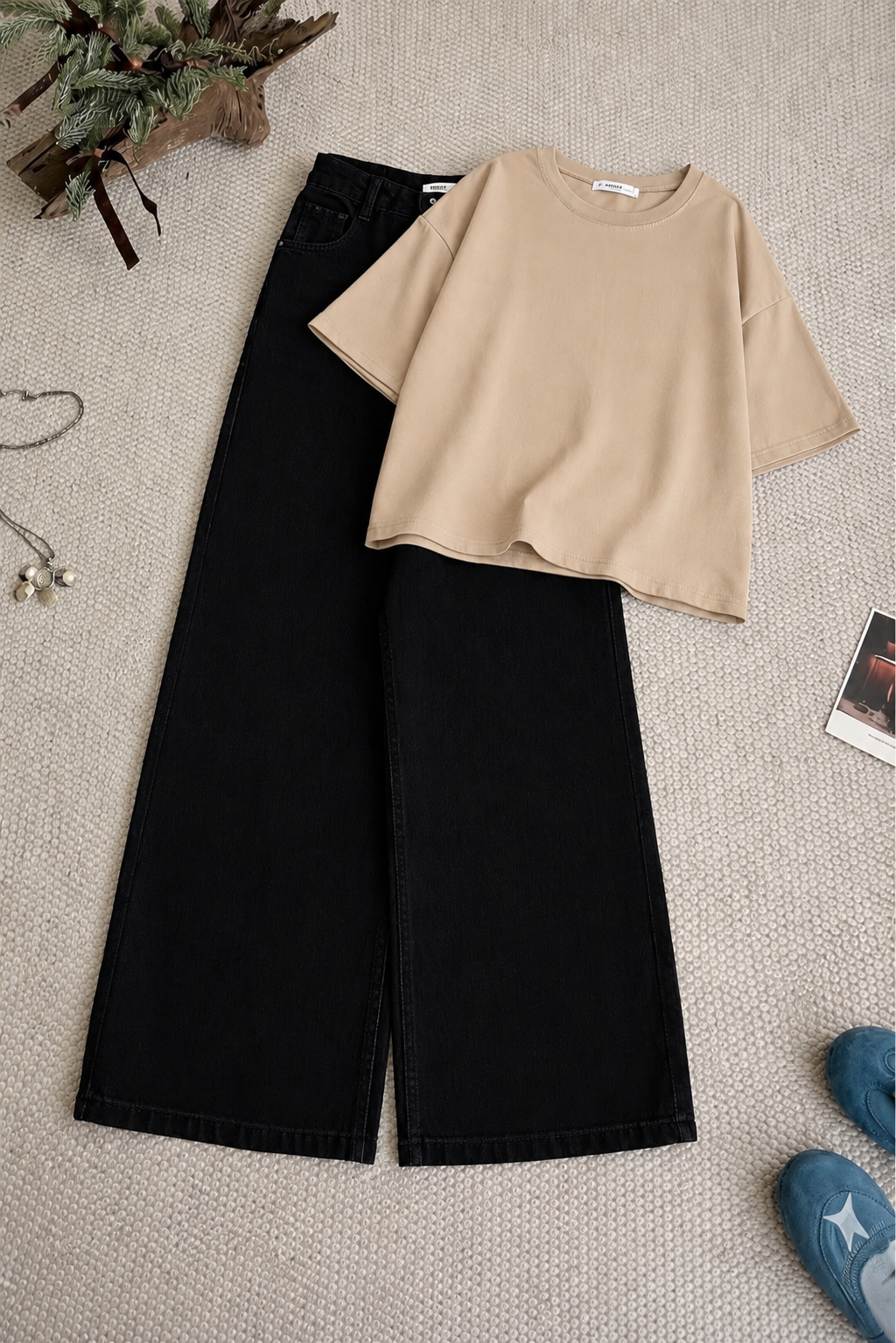 Light Beige Oversized Tee With Black Wide Leg Jeans