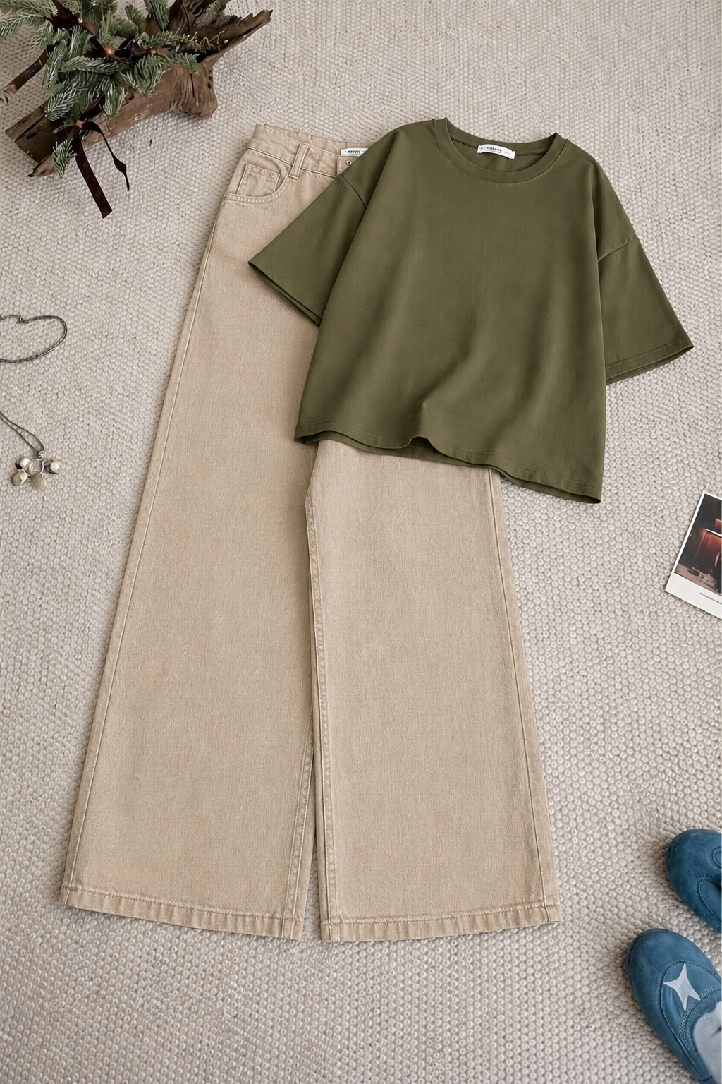 Olive Green Oversized Tee With Beige Wide Leg Jeans