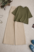 Olive Green Oversized Tee With Beige Wide Leg Jeans