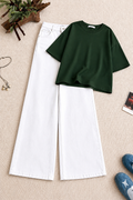 Forest Green Oversized Tee With White Wide Leg Jeans
