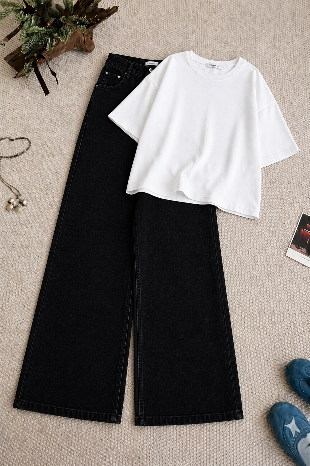 White Oversized Tee With Black Wide Leg Jeans