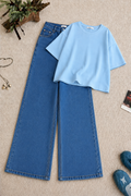 Baby Blue Oversized Tee With Mid Blue Wide Leg Jeans