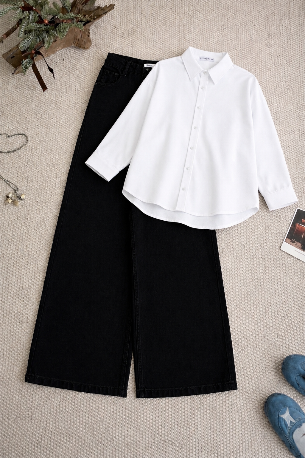 White Button Down Shirt With Black Wide leg Jeans Set