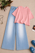 Baby Pink Oversized Tee & Light Blue Vintage Wash Wide Leg Jeans