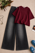 Burgundy Oversized Tee & Black Vintage Wash Wide Leg Jeans