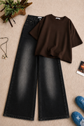 Dark Brown Oversized Tee & Black Vintage Wash Wide Leg Jeans