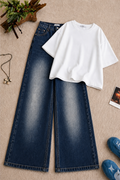 White Oversized Tee & Dark Blue Vintage Wash Wide Leg Jeans