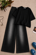Black Oversized Tee & Black Vintage Wash Wide Leg Jeans