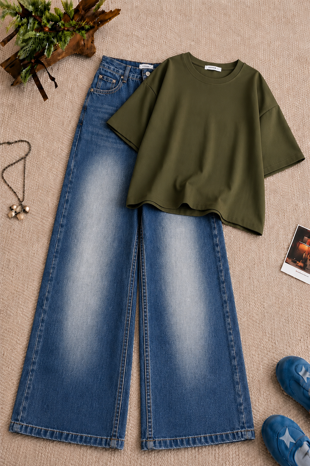 Olive Green Oversized Tee & Blue Vintage Wash Wide Leg Jeans