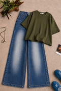 Olive Green Oversized Tee & Blue Vintage Wash Wide Leg Jeans