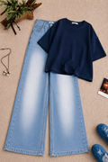 Navy Blue Oversized Tee & Light Blue Vintage Wash Wide Leg Jeans
