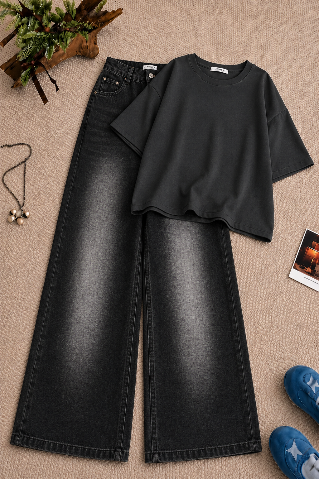 Charcoal Grey Oversized Tee & Black Vintage Wash Wide Leg Jeans