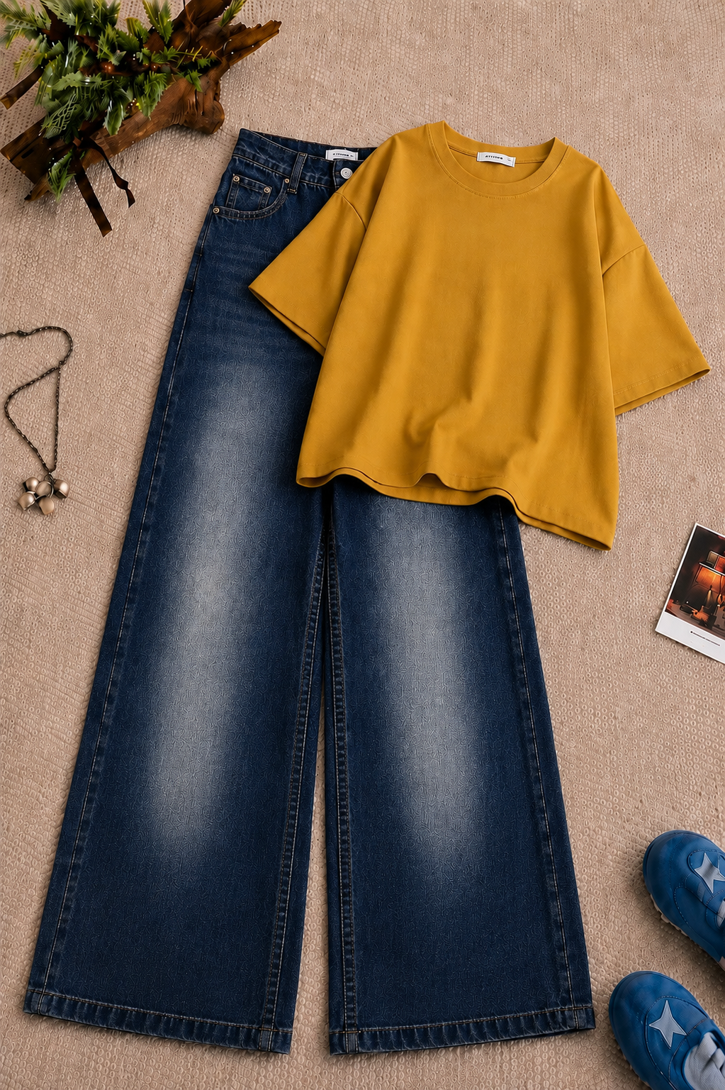 Mustard Yellow Oversized Tee & Dark Blue Vintage Wash Wide Leg Jeans