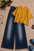 Mustard Yellow Oversized Tee & Dark Blue Vintage Wash Wide Leg Jeans