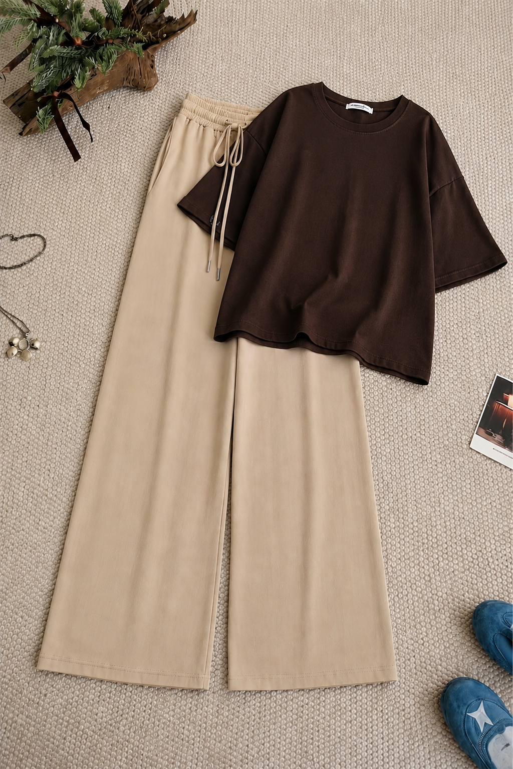 Brown Oversized Tee With Beige Flapper Trouser