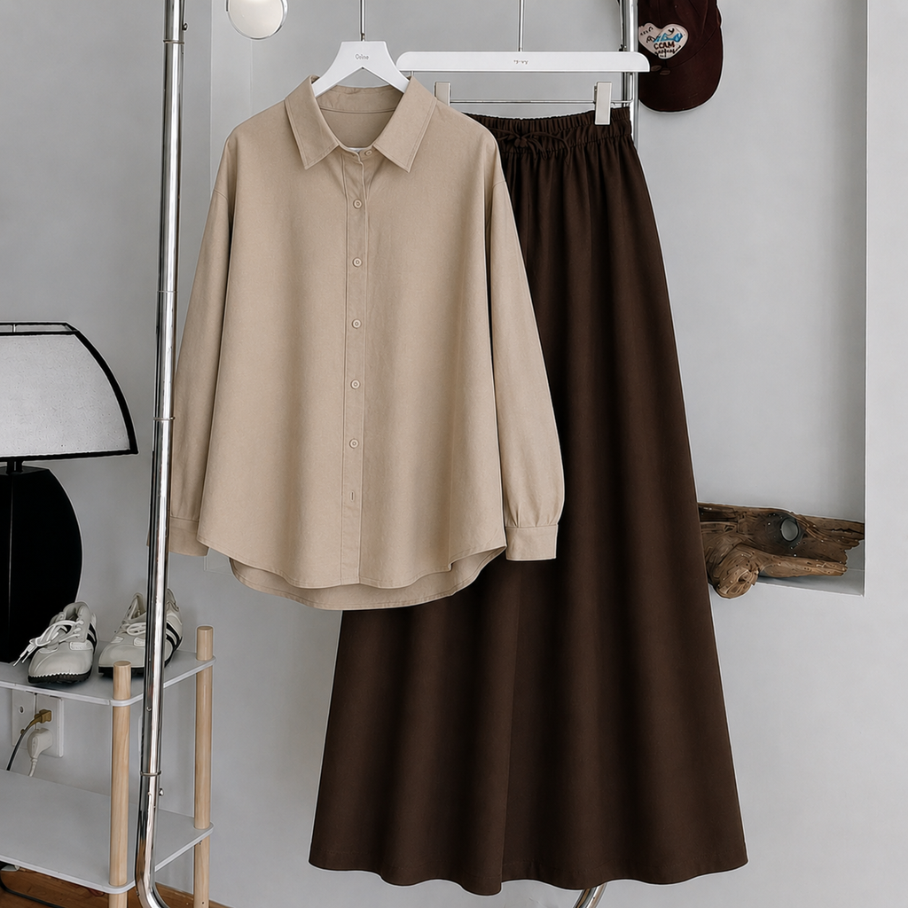 Beige Button-Down Shirt & Dark Brown Summer Flowy Maxi Skirt