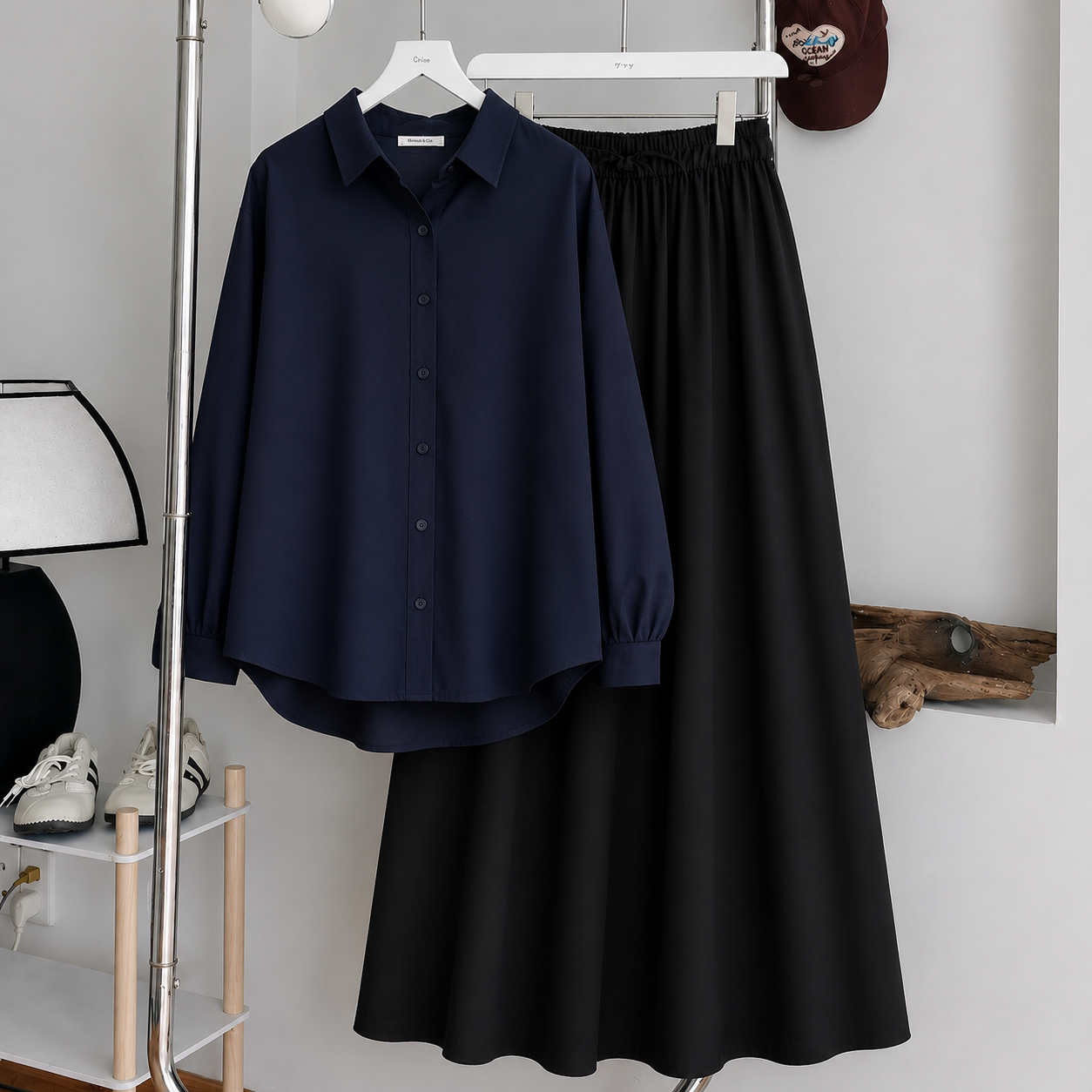 Navy Blue Button-Down Shirt & Black Summer Flowy Maxi Skirt