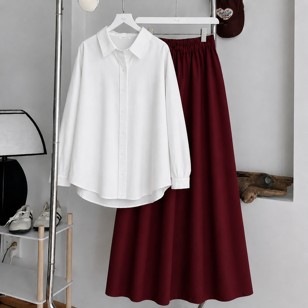 White Button-Down Shirt & Burgundy Summer Flowy Maxi Skirt