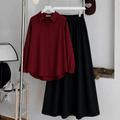 Burgundy Button-Down Shirt & Black Summer Flowy Maxi Skirt
