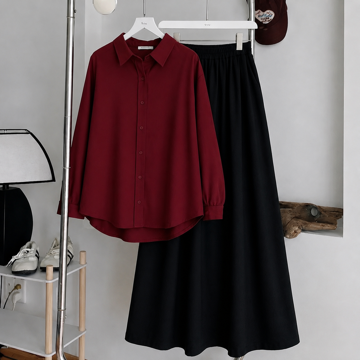 Burgundy Button-Down Shirt & Black Summer Flowy Maxi Skirt