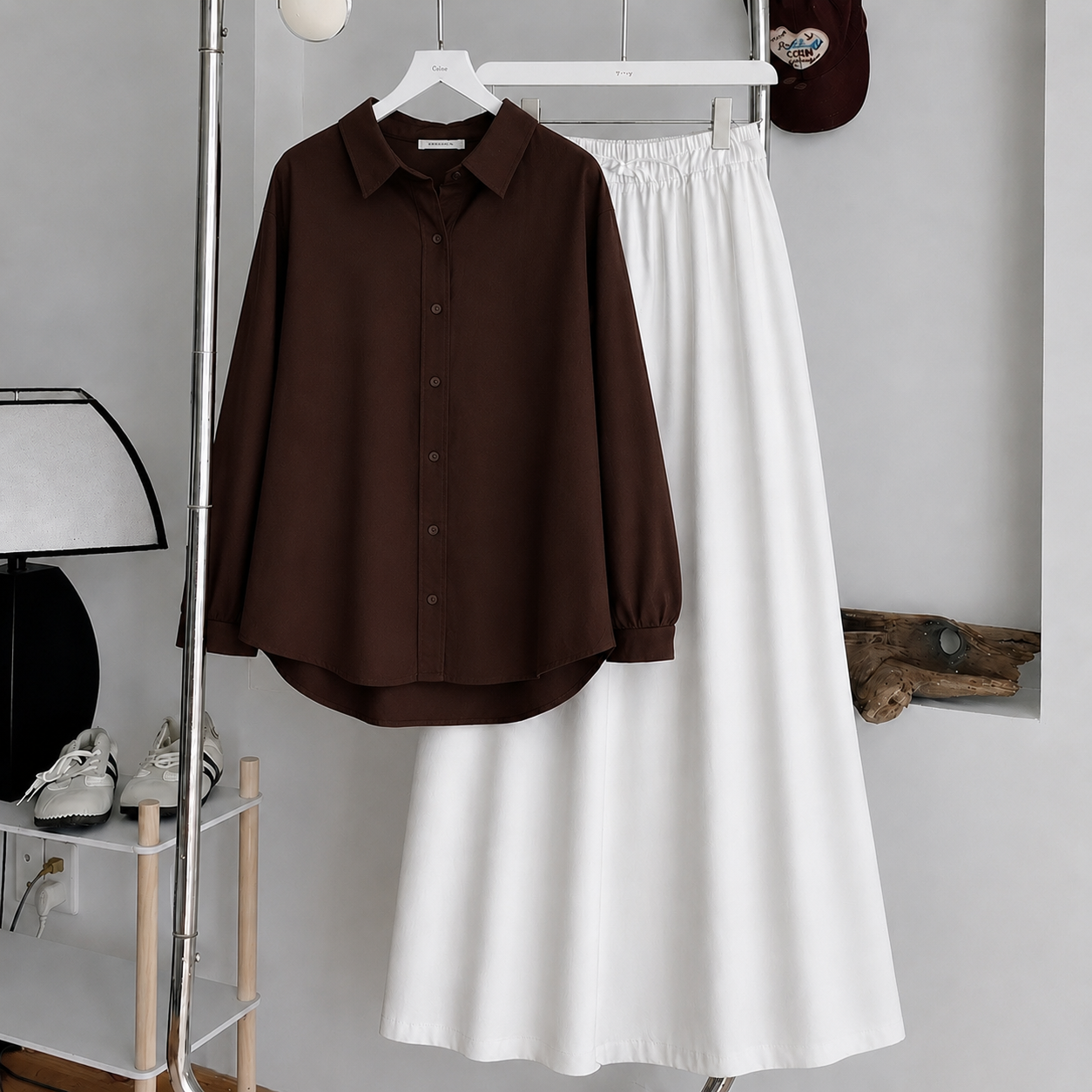 Chocolate Brown Button-Down Shirt & White Summer Flowy Maxi Skirt
