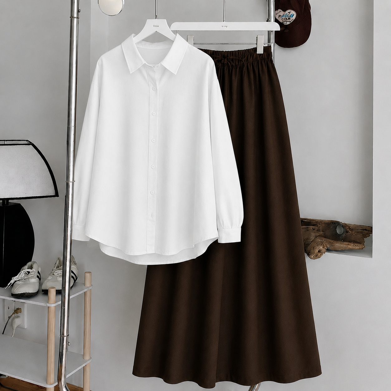 White Button-Down Shirt & Dark Brown Summer Flowy Maxi Skirt