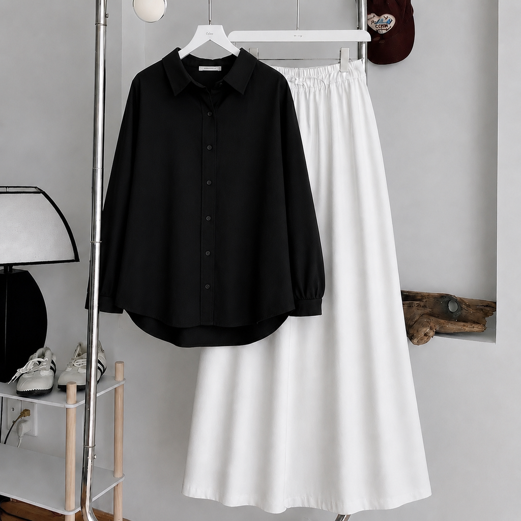 Black Button-Down Shirt & White Summer Flowy Maxi Skirt
