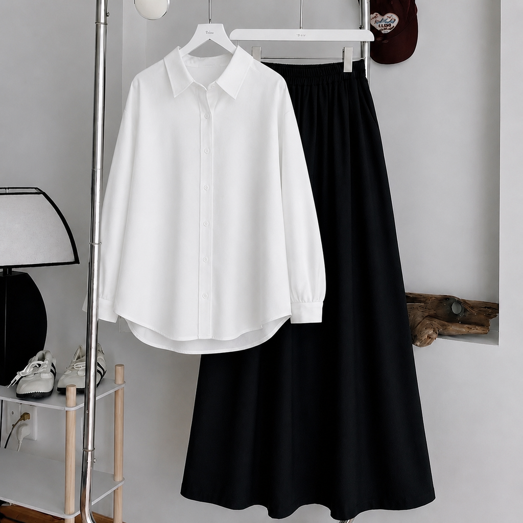 White Button-Down Shirt & Black Summer Flowy Maxi Skirt