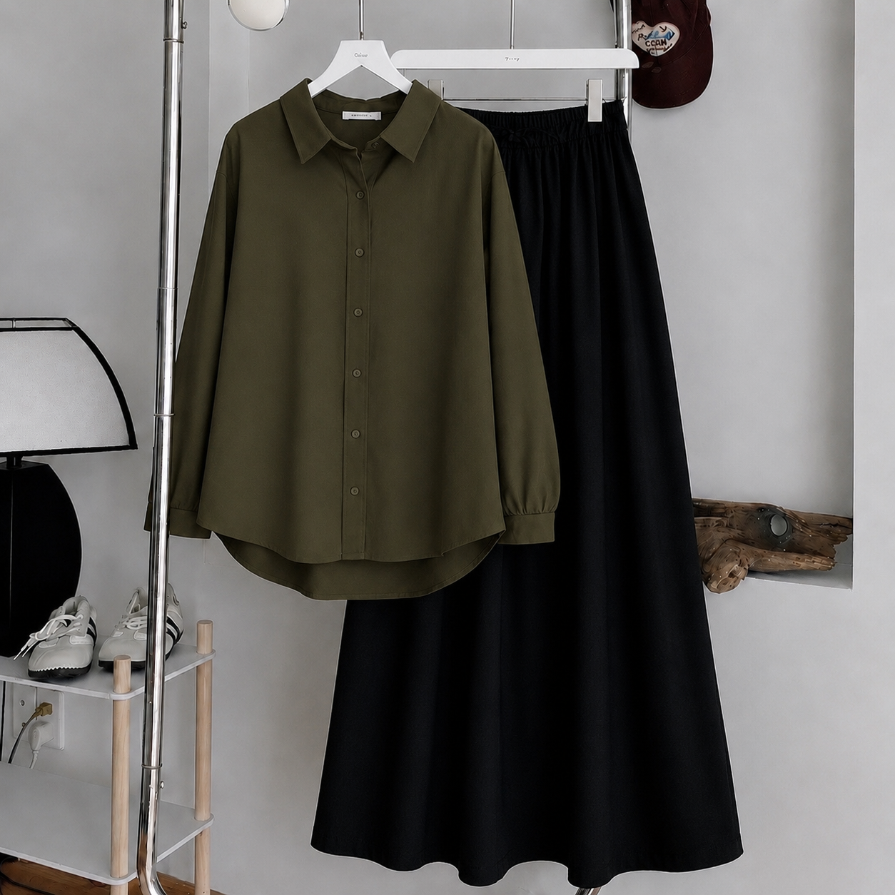 Olive Green Button-Down Shirt & Black Summer Flowy Maxi Skirt