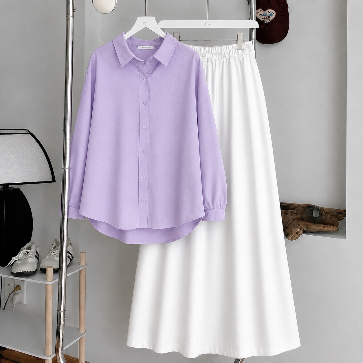 Lilac Button-Down Shirt & White Summer Flowy Maxi Skirt