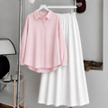 Baby Pink Button-Down Shirt & White Summer Flowy Maxi Skirt