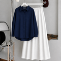 Navy Blue Button-Down Shirt & White Summer Flowy Maxi Skirt