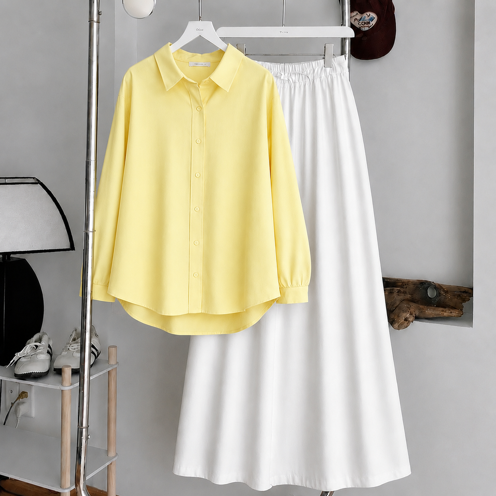 Pale Yellow Button-Down Shirt & White Summer Flowy Maxi Skirt