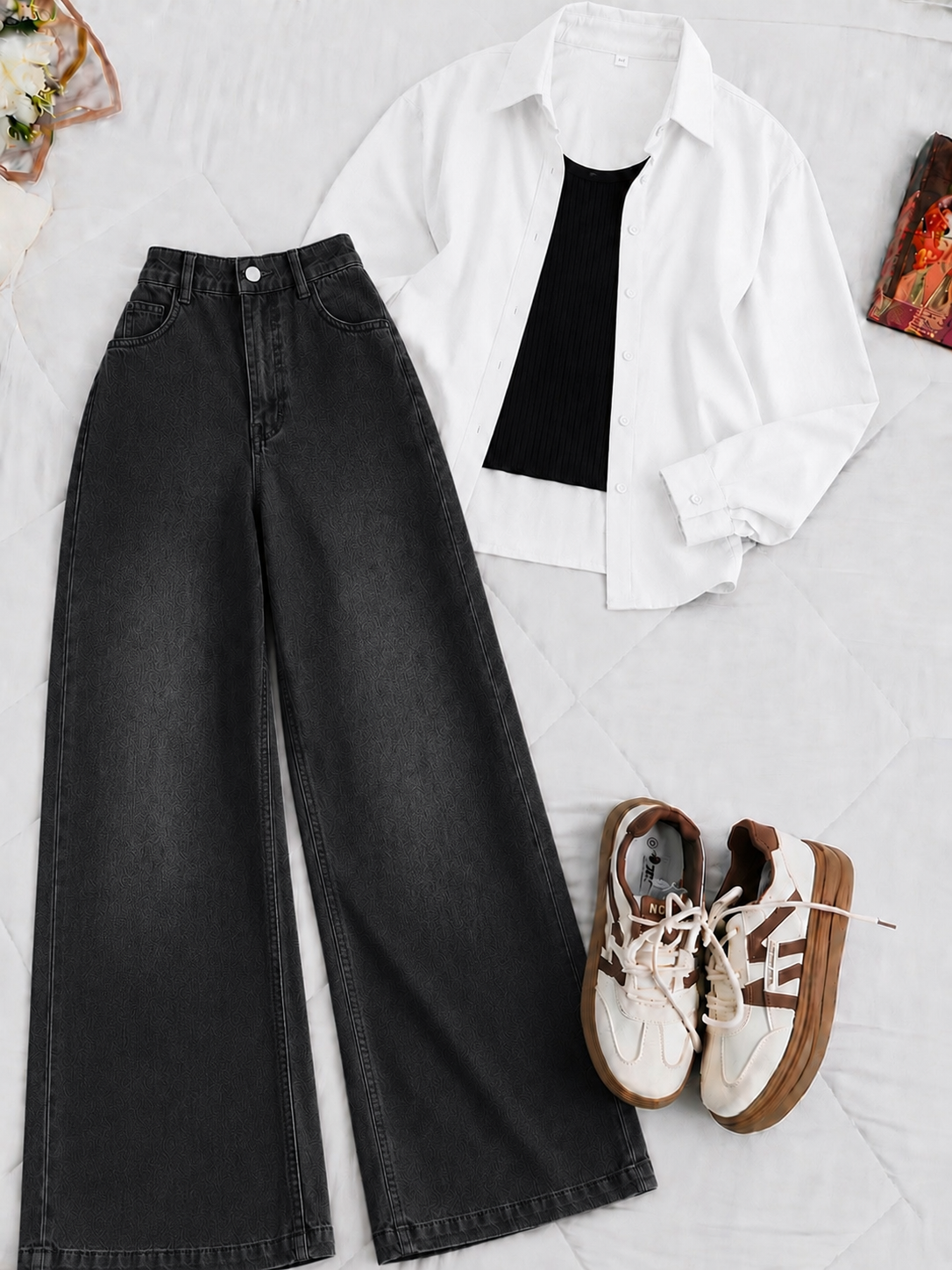 White Button-Down Shirt With Black Crop Tank Top & Black Vintage Wide Leg Jeans