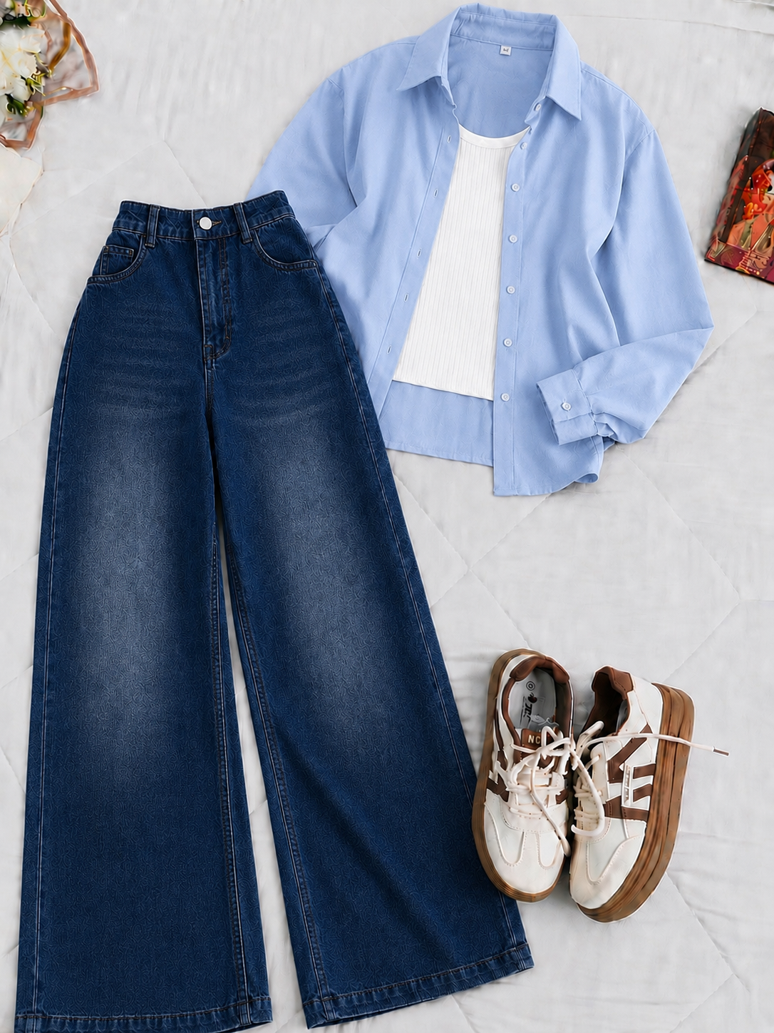 Sky Blue Button-Down Shirt With White Crop Tank Top Mid Blue Vintage Wide Leg Jeans
