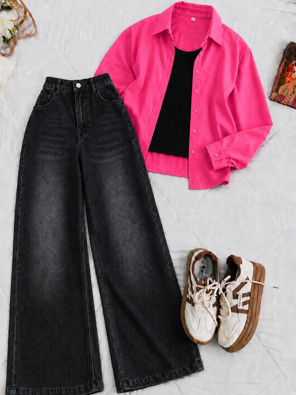 pink Button-Down Shirt With Black Crop Tank Top & Black Vintage Wide Leg  Jeans