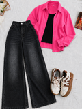 pink Button-Down Shirt With Black Crop Tank Top & Black Vintage Wide Leg  Jeans