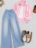 Baby Pink Button-Down Shirt With White Crop Tank Top Sky Blue Vintage Wide Leg Jeans