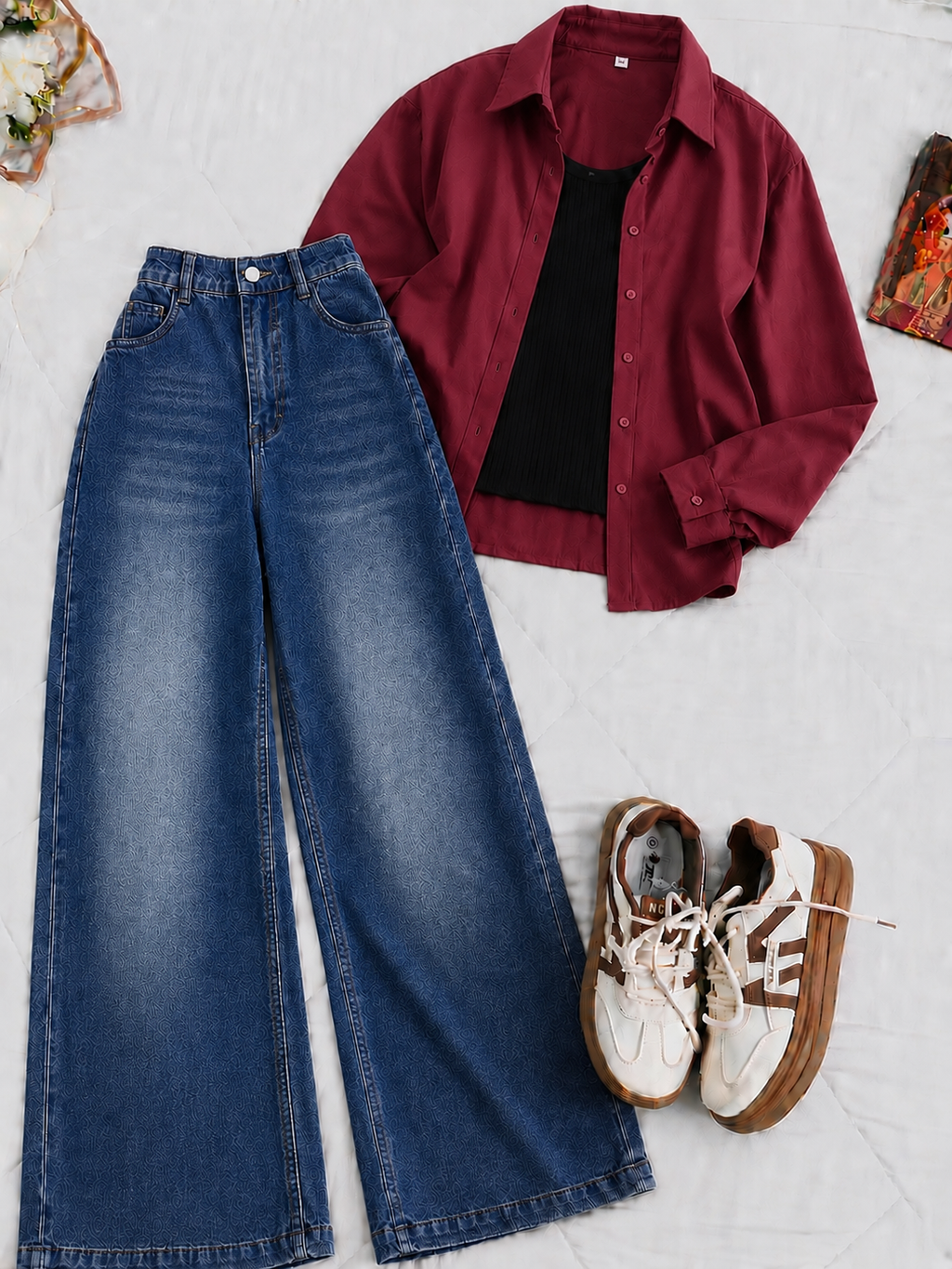 Burgundy Button-Down Shirt With White Crop Tank Top Mid Blue Vintage Wide Leg Jeans