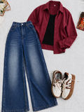 Burgundy Button-Down Shirt With White Crop Tank Top Mid Blue Vintage Wide Leg Jeans