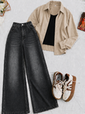 Beige Button-Down Shirt With Black Crop Tank Top & Black Vintage Wide Leg Jeans