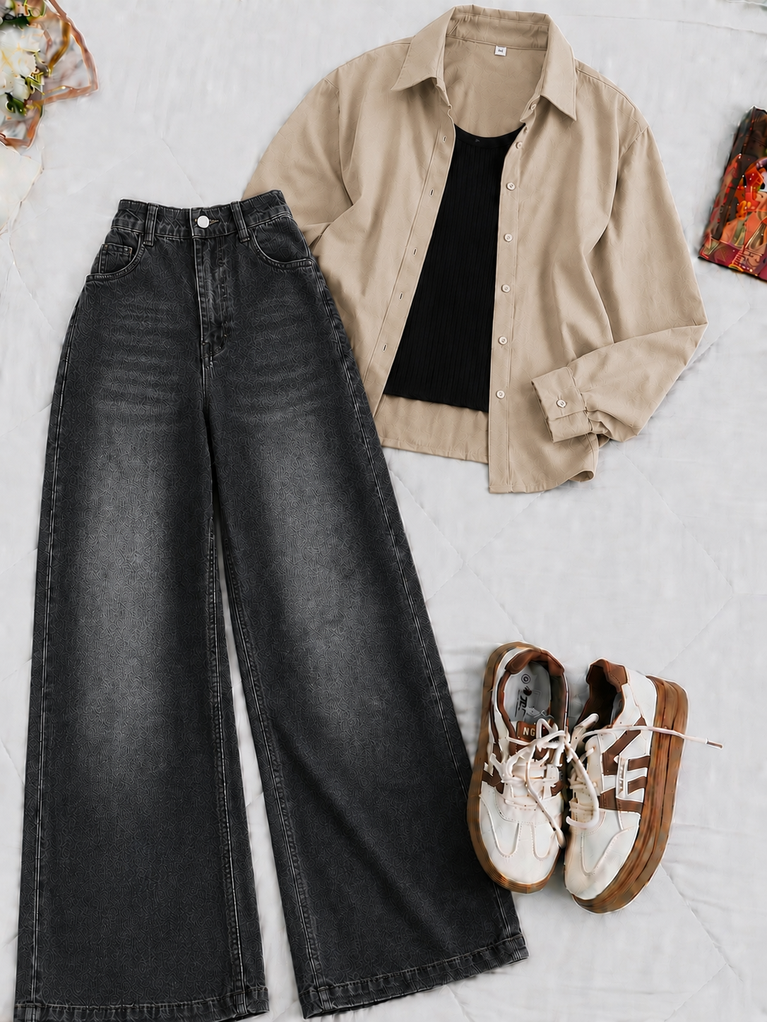 Beige Button-Down Shirt With Black Crop Tank Top & Black Vintage Wide Leg Jeans