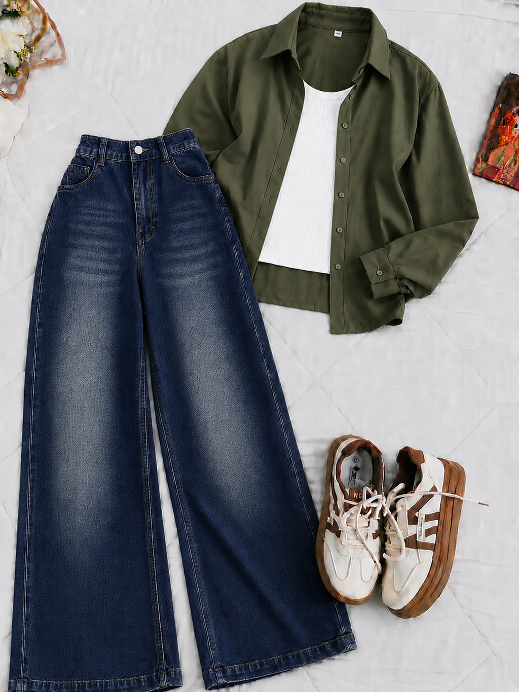 Olive Green Button-Down Shirt With White Crop Tank Top Mid Blue Vintage Wide Leg Jeans