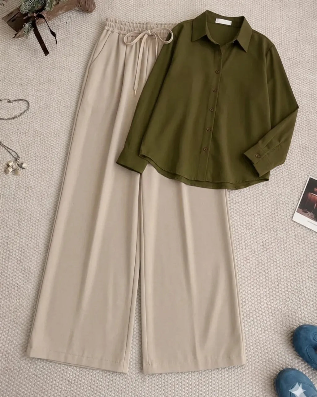 Olive Green Button Down Shirt With Beige Flapper Trouser Set